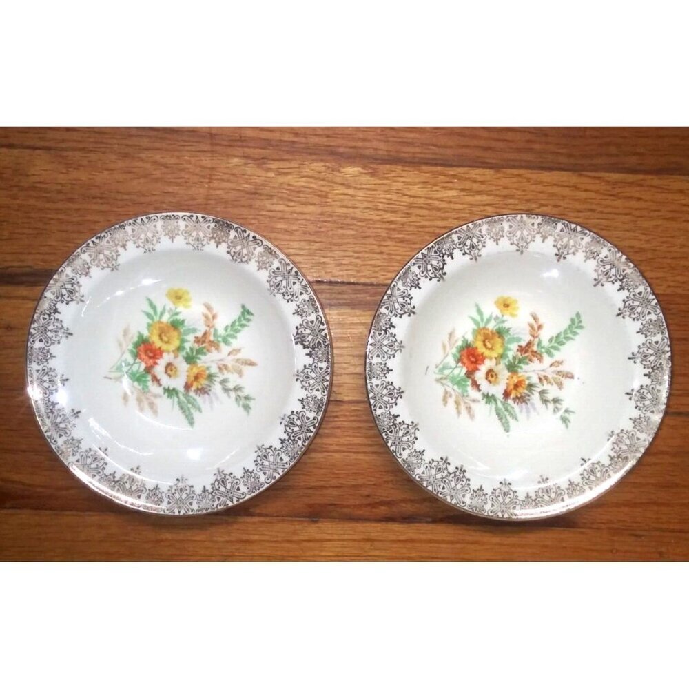 2 Vintage Edwin Knowles Floral Fruit Dessert Bowls beige orange Brown gold 1930s